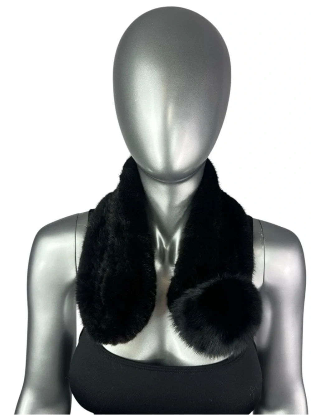 RANCH MINK Knitted Scarf w/Black FOX Pompom, 24”L, Certified Vintage Fur